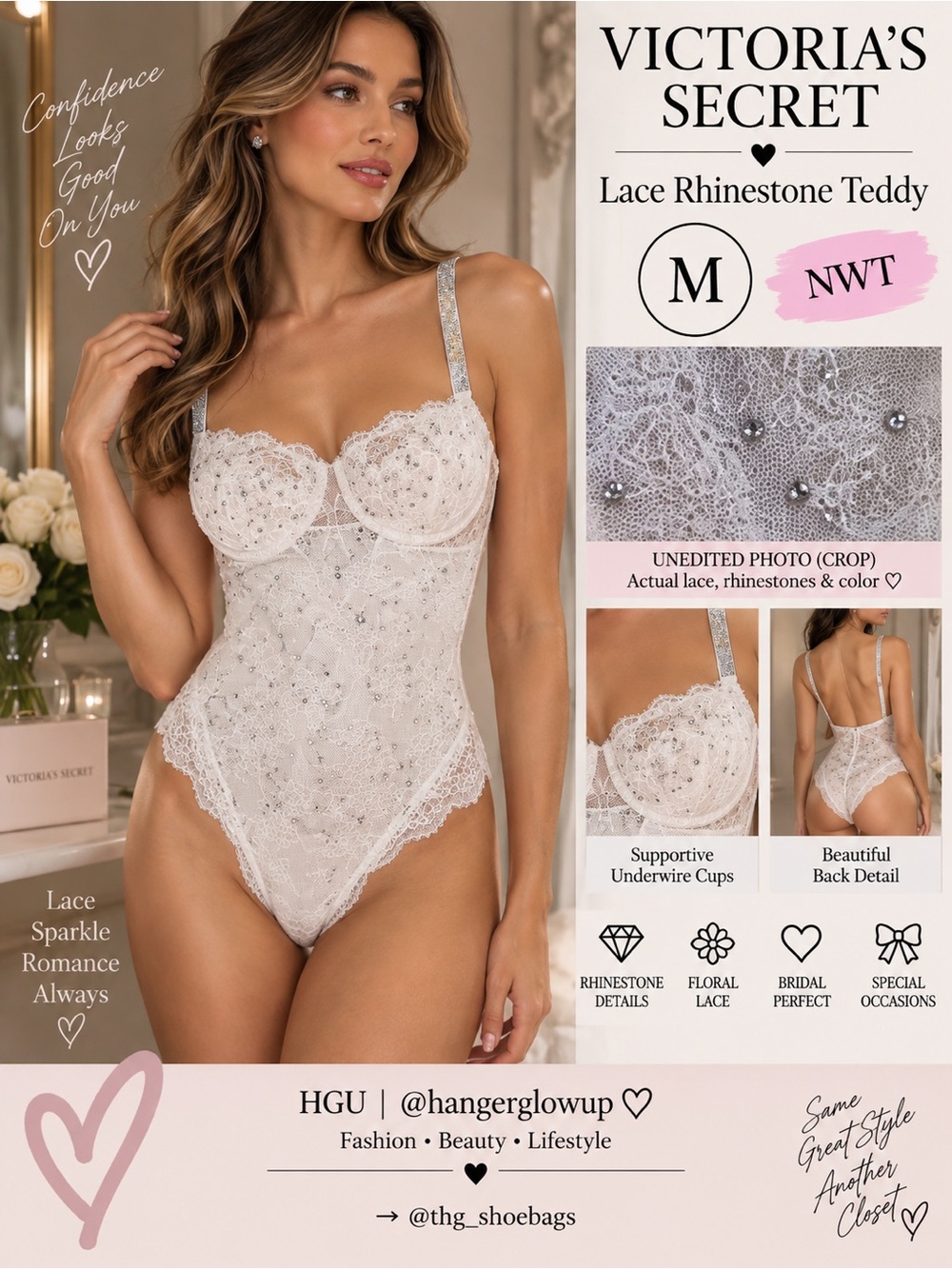 Victoria’s Secret White Lace Rhinestone Teddy Bodysuit M NWT Flaw